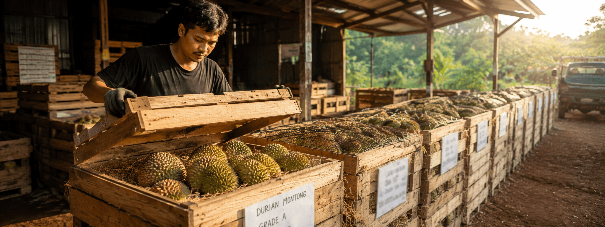 Deretan peti kayu berisi durian sedang dijaring dan disiapkan untuk dimuat