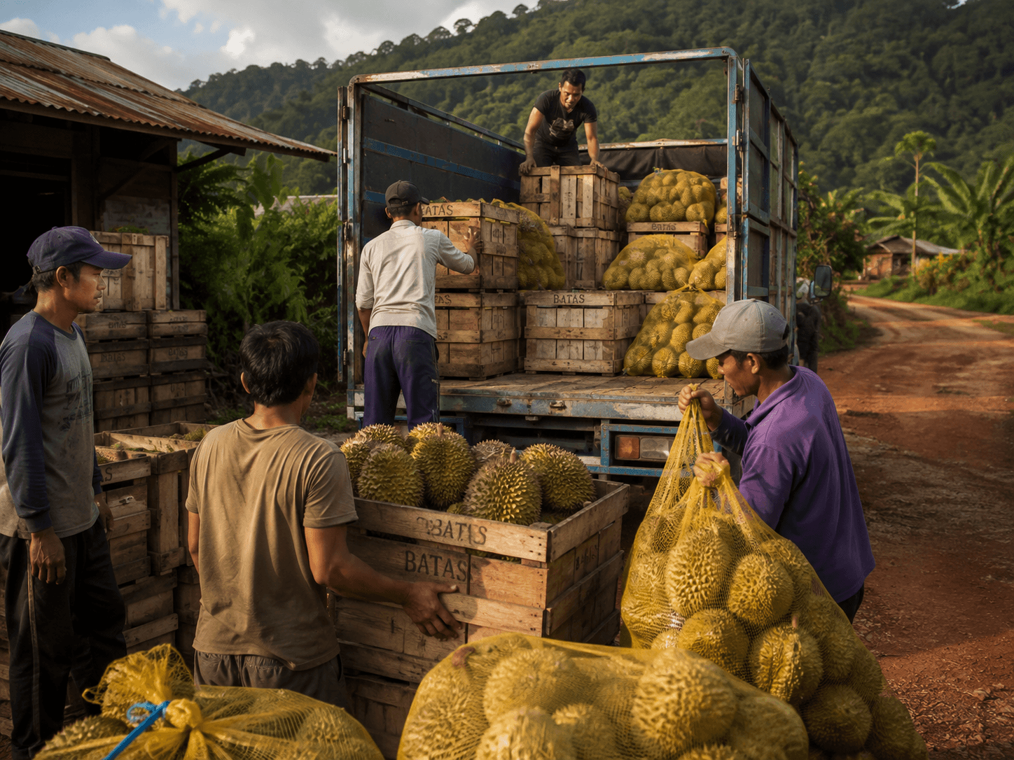 Peti kayu dan jaring berisi durian Montong dimuat ke truk di jalan kebun
